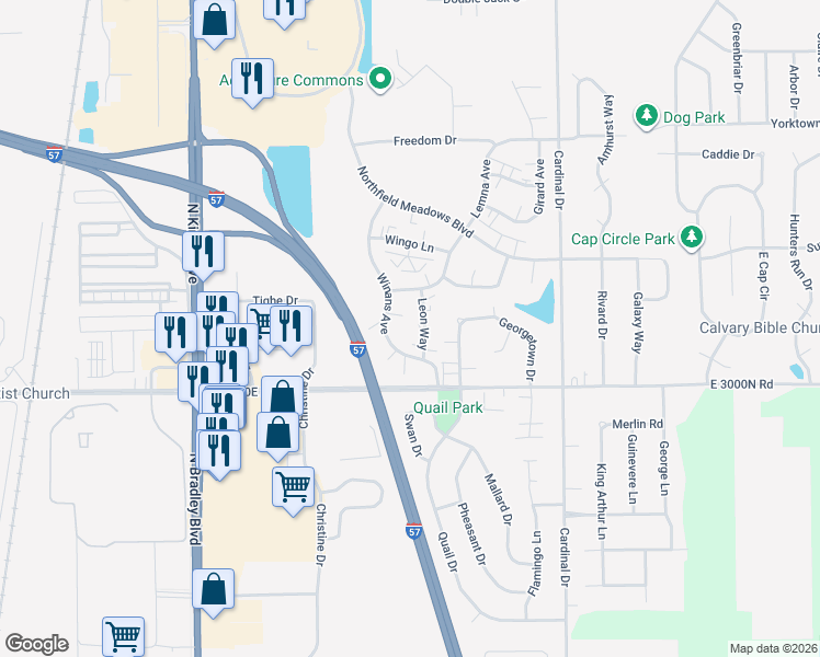 map of restaurants, bars, coffee shops, grocery stores, and more near 1227 Leon Way in Bourbonnais