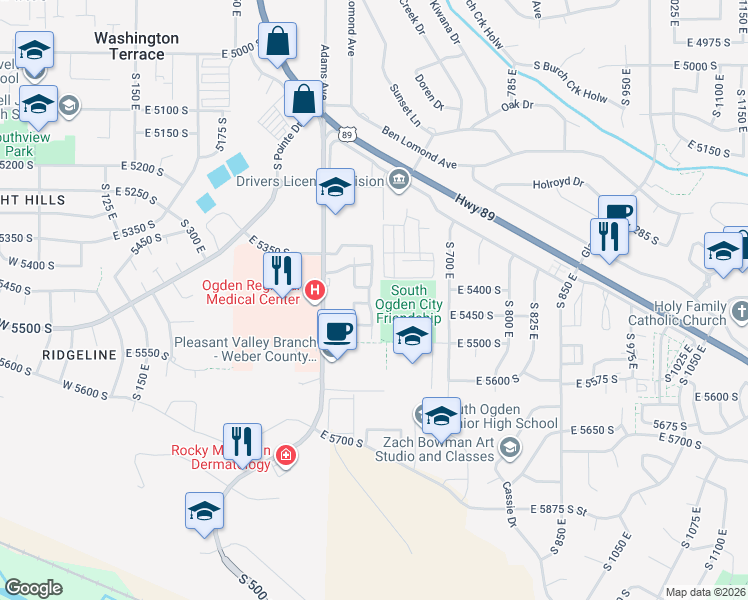 map of restaurants, bars, coffee shops, grocery stores, and more near 5482 South 600 East in Ogden