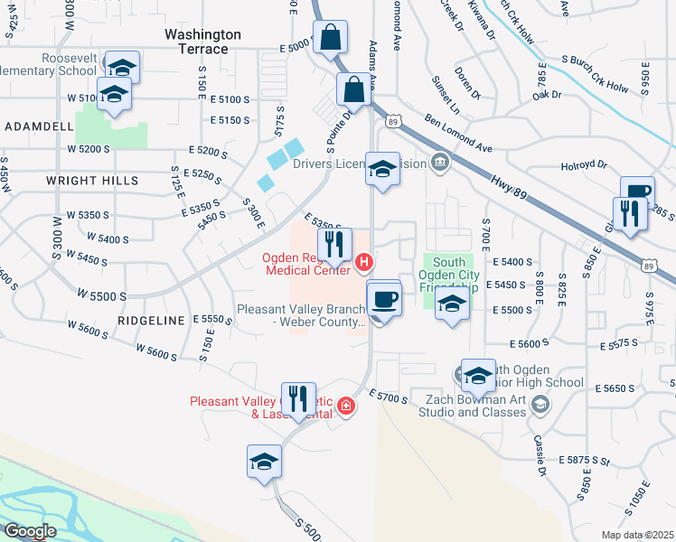 map of restaurants, bars, coffee shops, grocery stores, and more near 5405 South 500 East in Washington Terrace