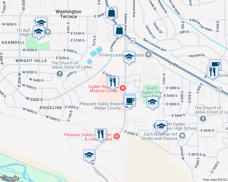 map of restaurants, bars, coffee shops, grocery stores, and more near 5405 South 500 East in Washington Terrace