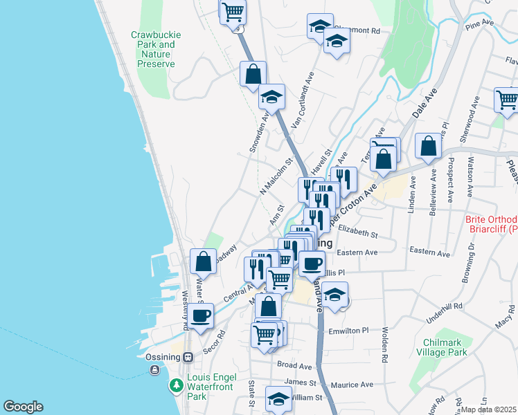 map of restaurants, bars, coffee shops, grocery stores, and more near 32 North Malcolm Street in Ossining