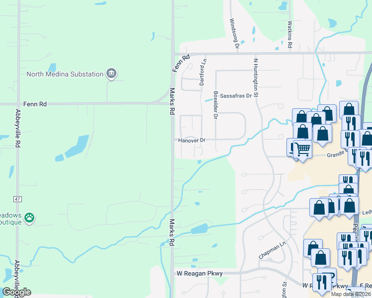 map of restaurants, bars, coffee shops, grocery stores, and more near 4015 Marks Road in Medina