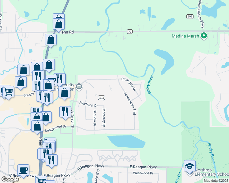 map of restaurants, bars, coffee shops, grocery stores, and more near 4047 Alameda Court in Medina