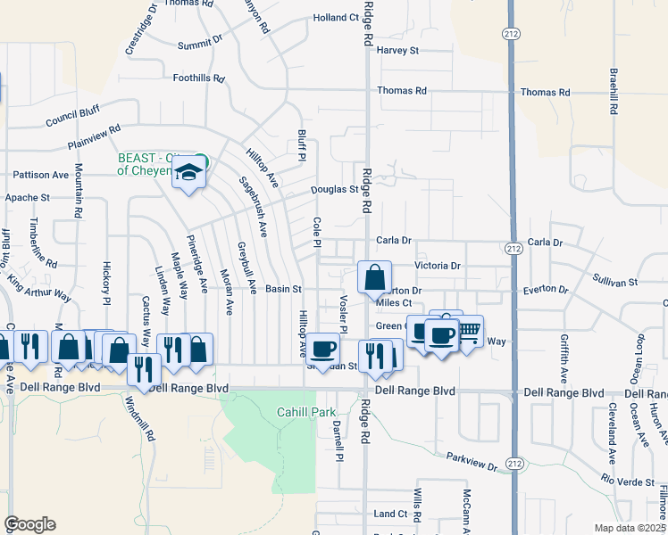 map of restaurants, bars, coffee shops, grocery stores, and more near 5018 Vosler Place in Cheyenne