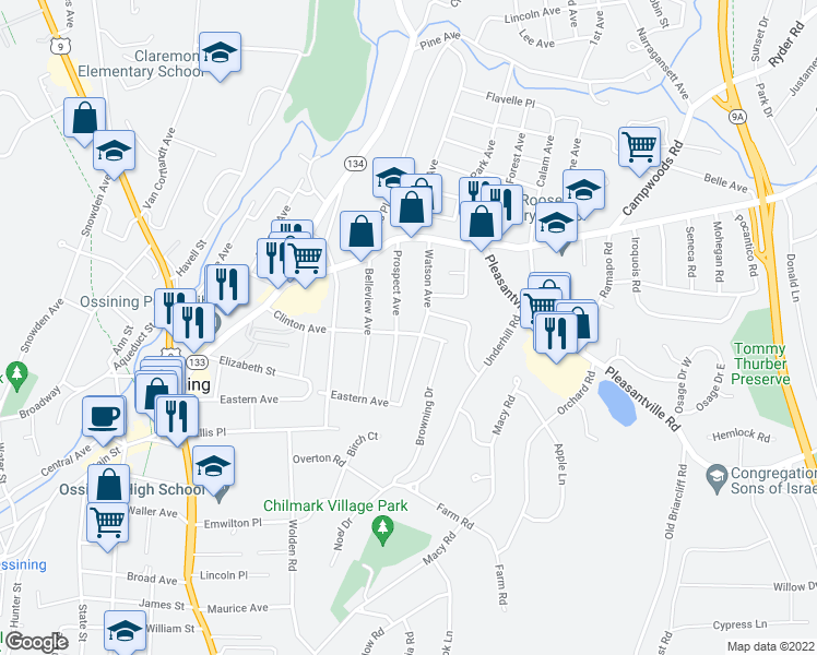 map of restaurants, bars, coffee shops, grocery stores, and more near 51 Clinton Avenue in Ossining