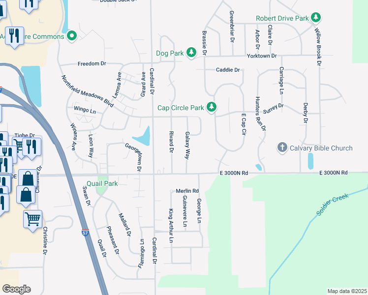 map of restaurants, bars, coffee shops, grocery stores, and more near 1390 Galaxy Way in Bourbonnais