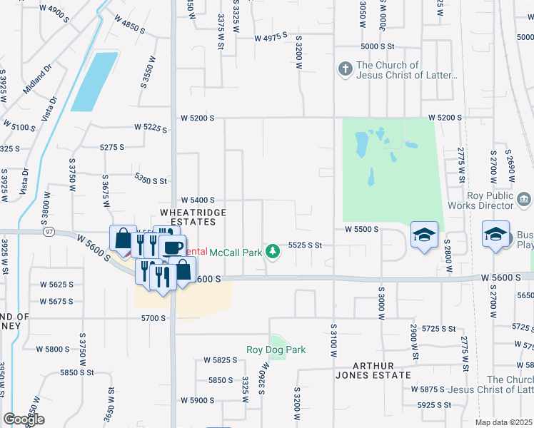map of restaurants, bars, coffee shops, grocery stores, and more near 5434 South 3275 West in Roy