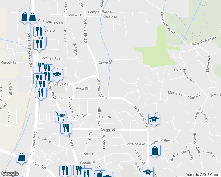 map of restaurants, bars, coffee shops, grocery stores, and more near 307 Kohl Road in Bellevue
