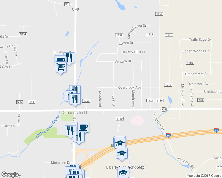 map of restaurants, bars, coffee shops, grocery stores, and more near 4576 East Drive in Youngstown
