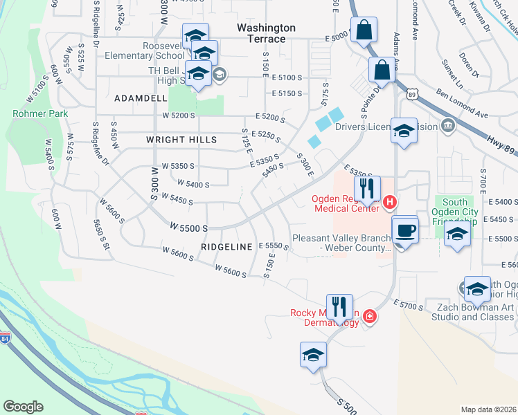 map of restaurants, bars, coffee shops, grocery stores, and more near 5500 South 150 East in Washington Terrace