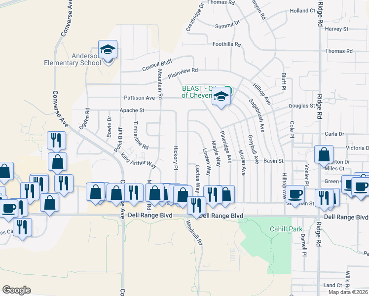 map of restaurants, bars, coffee shops, grocery stores, and more near 5031 Windmill Road in Cheyenne