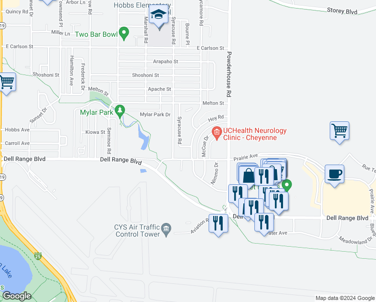 map of restaurants, bars, coffee shops, grocery stores, and more near 5022 Hoy Road in Cheyenne