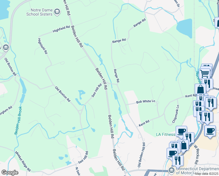 map of restaurants, bars, coffee shops, grocery stores, and more near 476 Belden Hill Road in Wilton