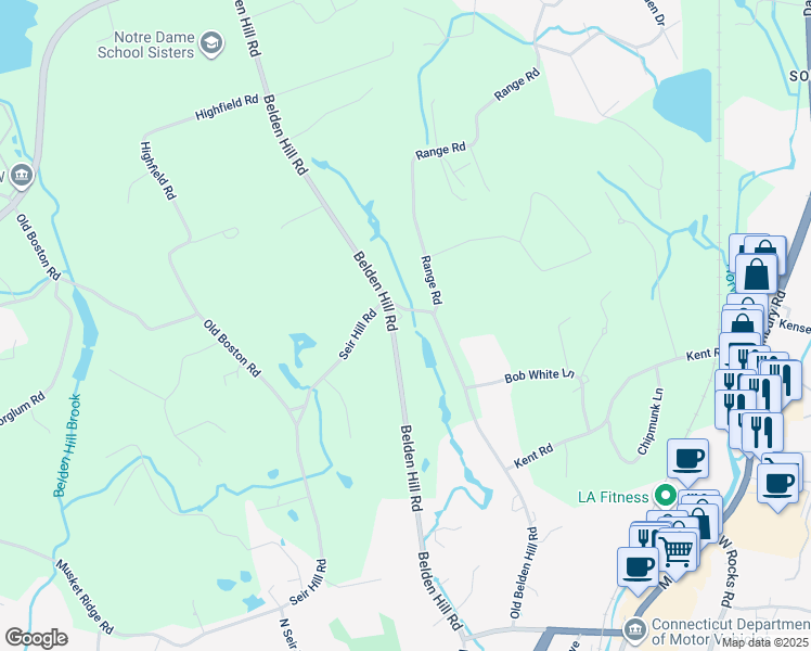 map of restaurants, bars, coffee shops, grocery stores, and more near 476 Belden Hill Road in Wilton