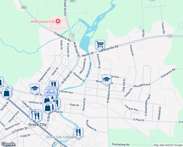 map of restaurants, bars, coffee shops, grocery stores, and more near 300 Oakland Avenue in Grove City