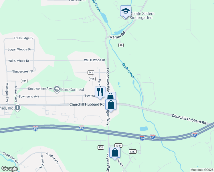 map of restaurants, bars, coffee shops, grocery stores, and more near 4530 Loganway Wick Avenue in Hubbard