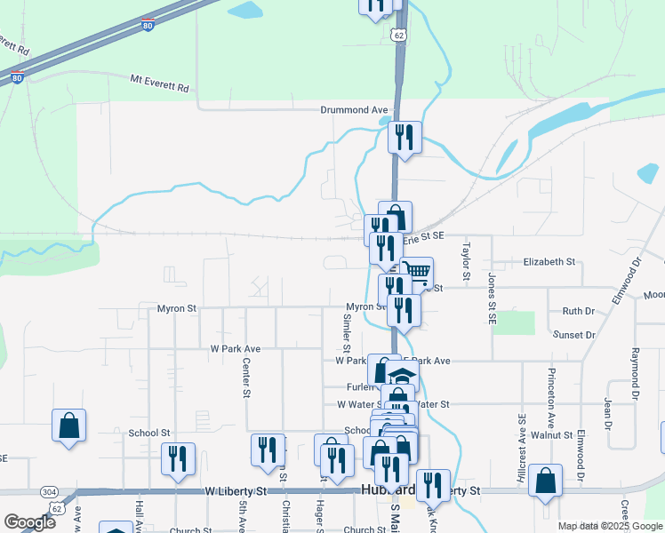 map of restaurants, bars, coffee shops, grocery stores, and more near 734 Schofield Lane Southeast in Hubbard