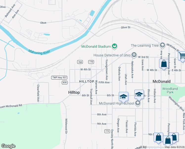 map of restaurants, bars, coffee shops, grocery stores, and more near 2907 Trumbull Avenue in McDonald