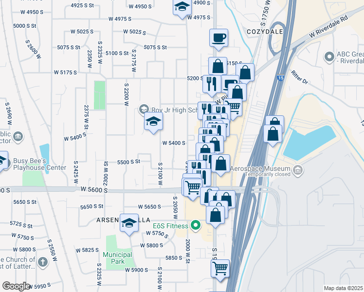 map of restaurants, bars, coffee shops, grocery stores, and more near 2021 5400 South Street in Roy