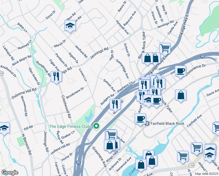 map of restaurants, bars, coffee shops, grocery stores, and more near 141 Sunset Avenue in Fairfield