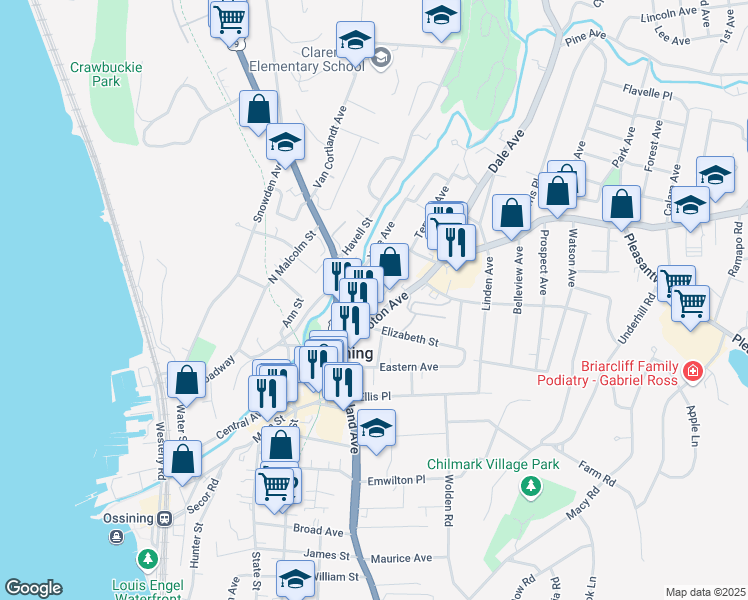 map of restaurants, bars, coffee shops, grocery stores, and more near 53 New York 133 in Ossining