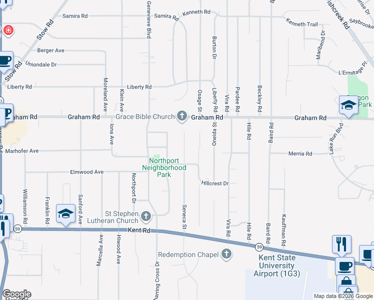 map of restaurants, bars, coffee shops, grocery stores, and more near 3833 Seneca Street in Stow