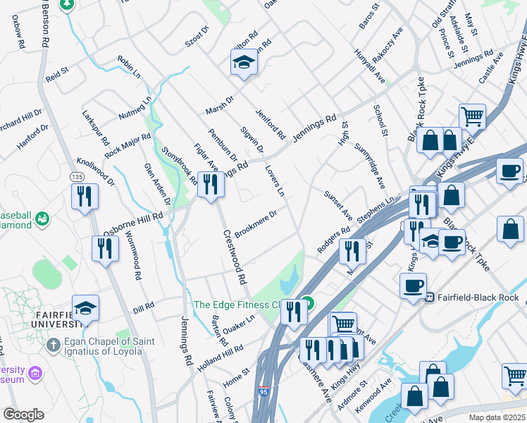 map of restaurants, bars, coffee shops, grocery stores, and more near 70 Brookmere Drive in Fairfield