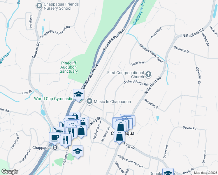 map of restaurants, bars, coffee shops, grocery stores, and more near 111 Castle Road in Chappaqua