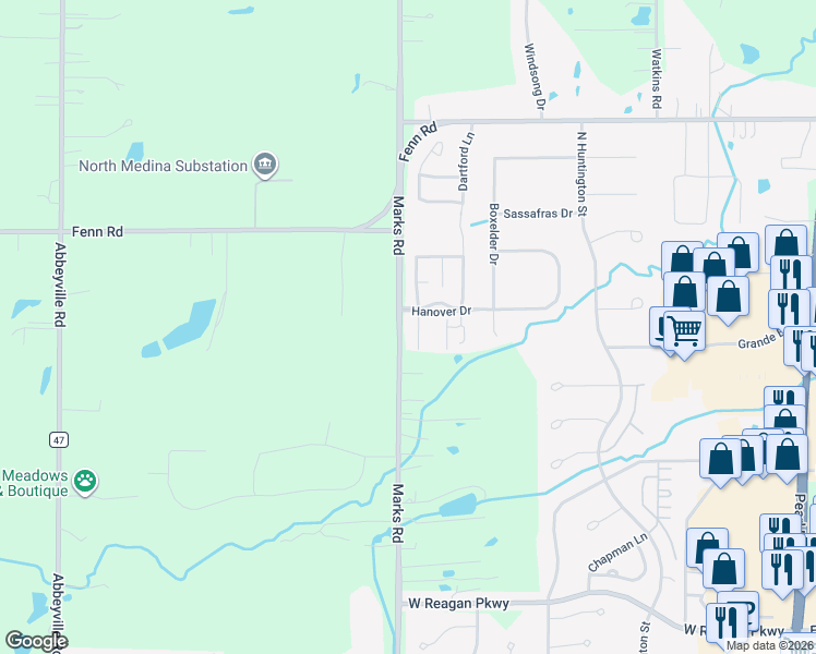 map of restaurants, bars, coffee shops, grocery stores, and more near 4015 Marks Road in Medina