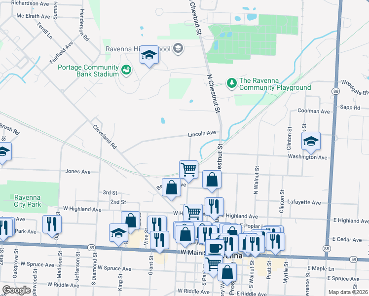map of restaurants, bars, coffee shops, grocery stores, and more near 535 Day St in Ravenna