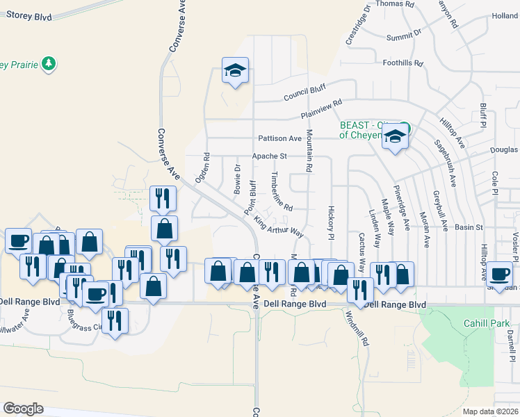 map of restaurants, bars, coffee shops, grocery stores, and more near 5001 Point Bluff in Cheyenne