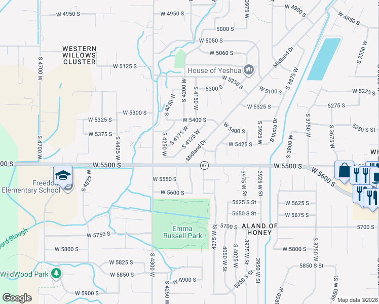 map of restaurants, bars, coffee shops, grocery stores, and more near 5466 Midland Drive in Roy