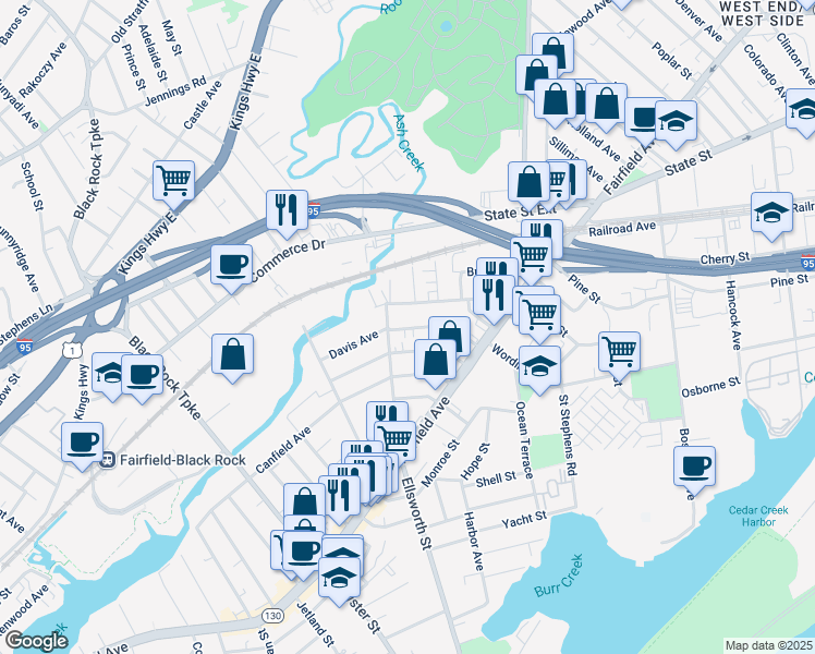 map of restaurants, bars, coffee shops, grocery stores, and more near 139 Whittier Street in Bridgeport