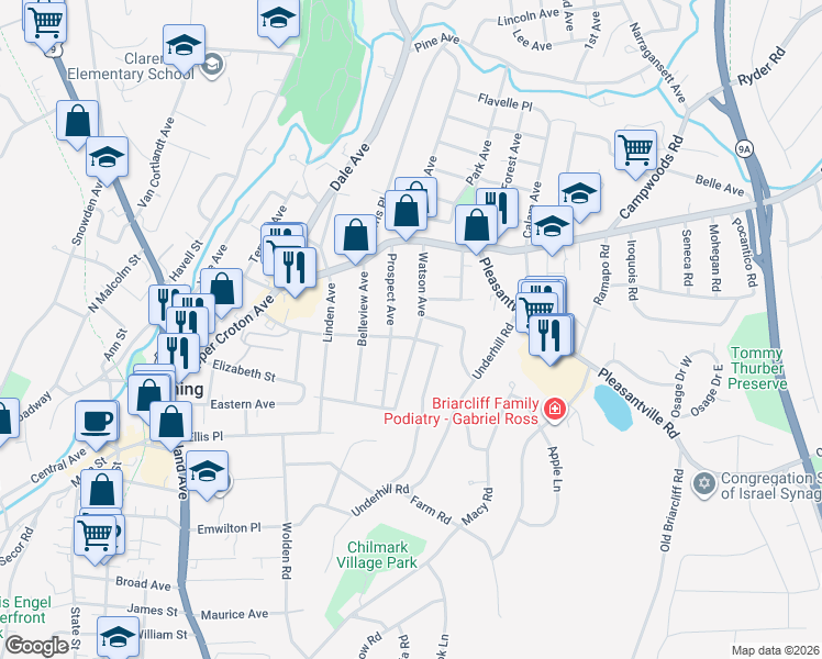 map of restaurants, bars, coffee shops, grocery stores, and more near 51 Clinton Avenue in Ossining