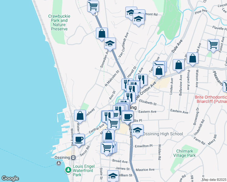 map of restaurants, bars, coffee shops, grocery stores, and more near 27 Aqueduct Street in Ossining