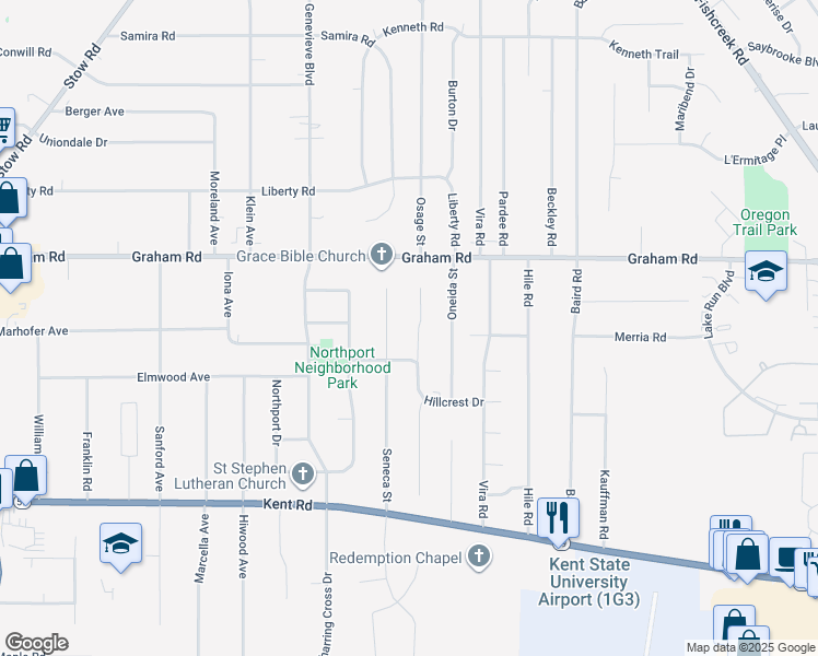 map of restaurants, bars, coffee shops, grocery stores, and more near 3837 Osage Street in Stow