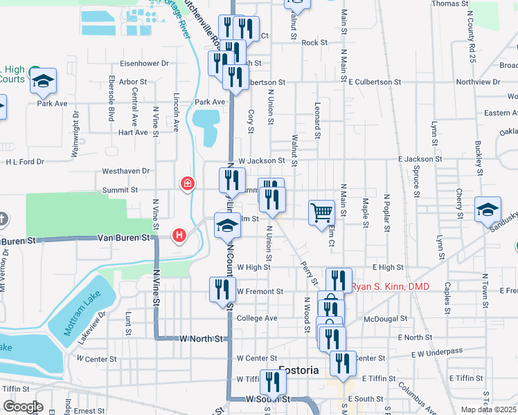 map of restaurants, bars, coffee shops, grocery stores, and more near 328 Elm Street in Fostoria