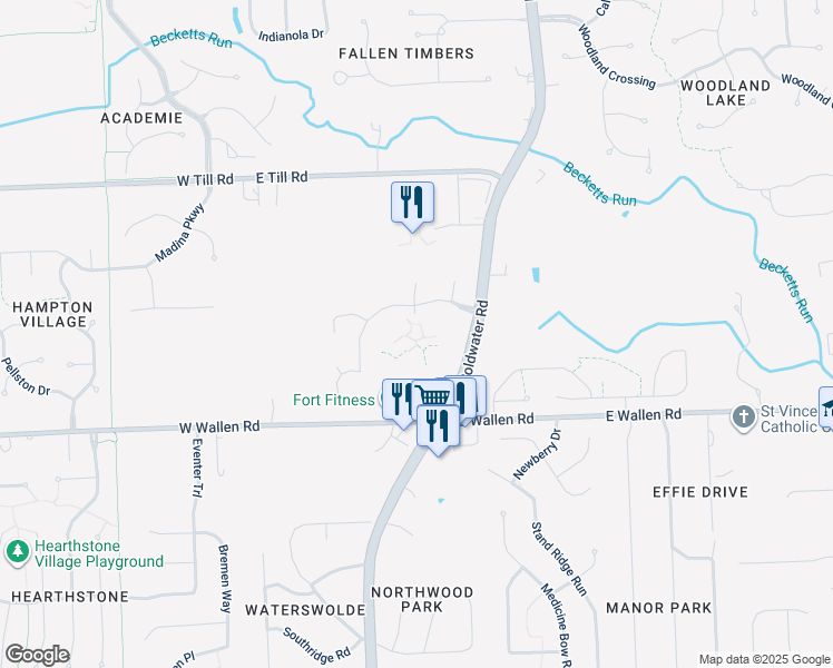 map of restaurants, bars, coffee shops, grocery stores, and more near 508 Wallen Hills Drive in Fort Wayne