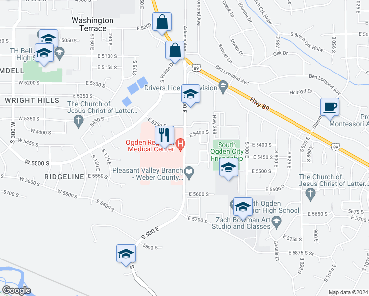 map of restaurants, bars, coffee shops, grocery stores, and more near 5492 South 500 East in Washington Terrace