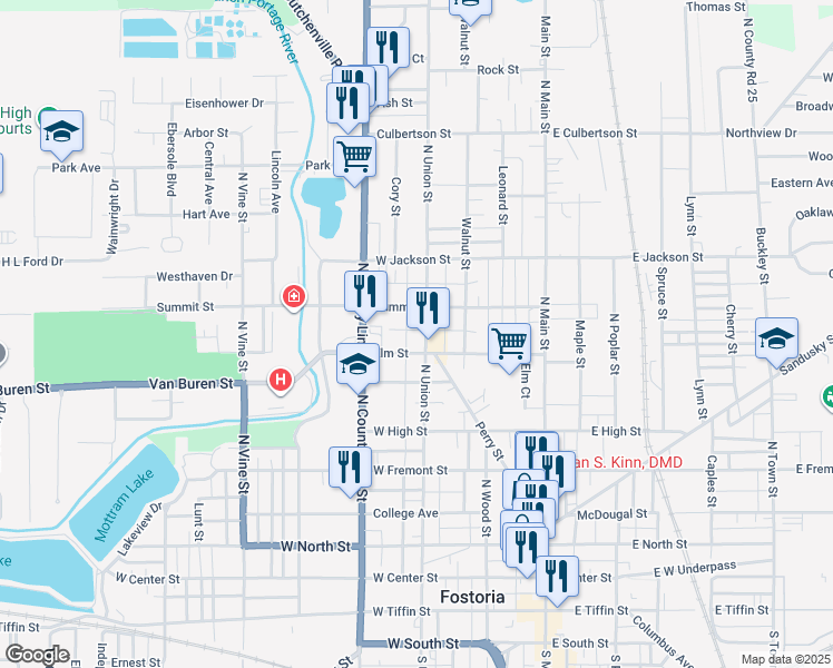 map of restaurants, bars, coffee shops, grocery stores, and more near 328 Elm Street in Fostoria