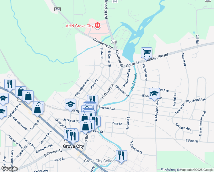 map of restaurants, bars, coffee shops, grocery stores, and more near 309 North Broad Street in Grove City