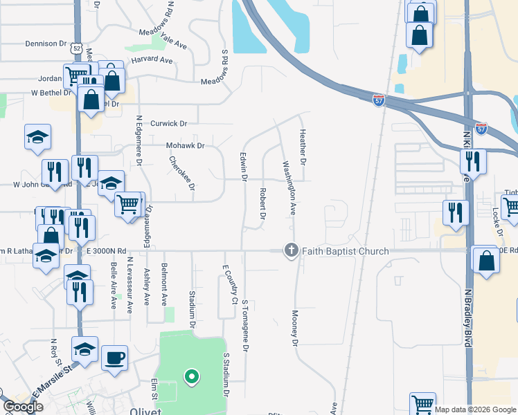 map of restaurants, bars, coffee shops, grocery stores, and more near 649 Robert Drive in Bourbonnais