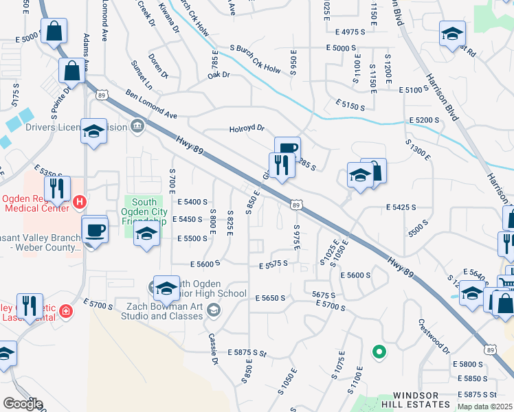 map of restaurants, bars, coffee shops, grocery stores, and more near 5430 South 850 East in Ogden