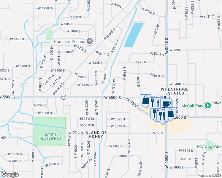 map of restaurants, bars, coffee shops, grocery stores, and more near 5465 South 3800 West in Roy
