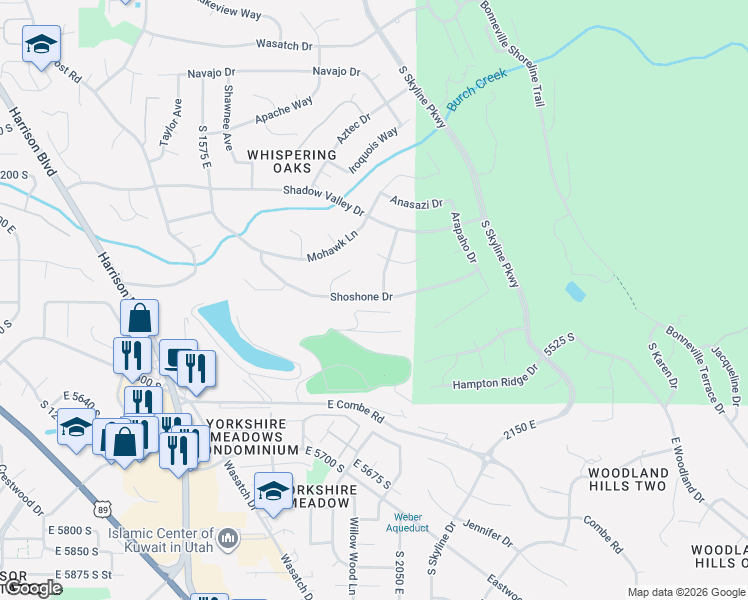 map of restaurants, bars, coffee shops, grocery stores, and more near 1843 Shoshone Drive in Ogden