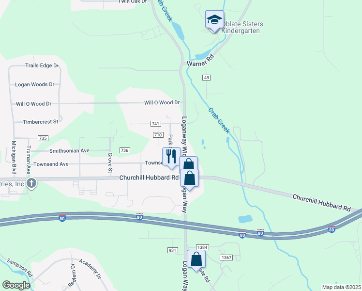 map of restaurants, bars, coffee shops, grocery stores, and more near 4530 Loganway Wick Avenue in Hubbard