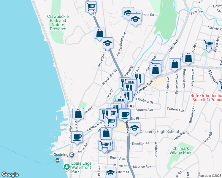 map of restaurants, bars, coffee shops, grocery stores, and more near 27 Aqueduct Street in Ossining