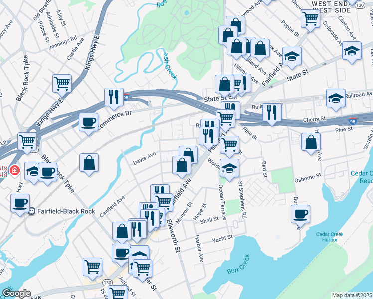 map of restaurants, bars, coffee shops, grocery stores, and more near 86 Whittier Street in Bridgeport