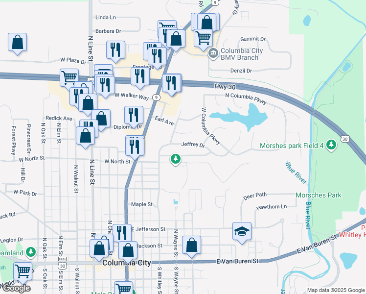 map of restaurants, bars, coffee shops, grocery stores, and more near 18 Jeffrey Drive in Columbia City