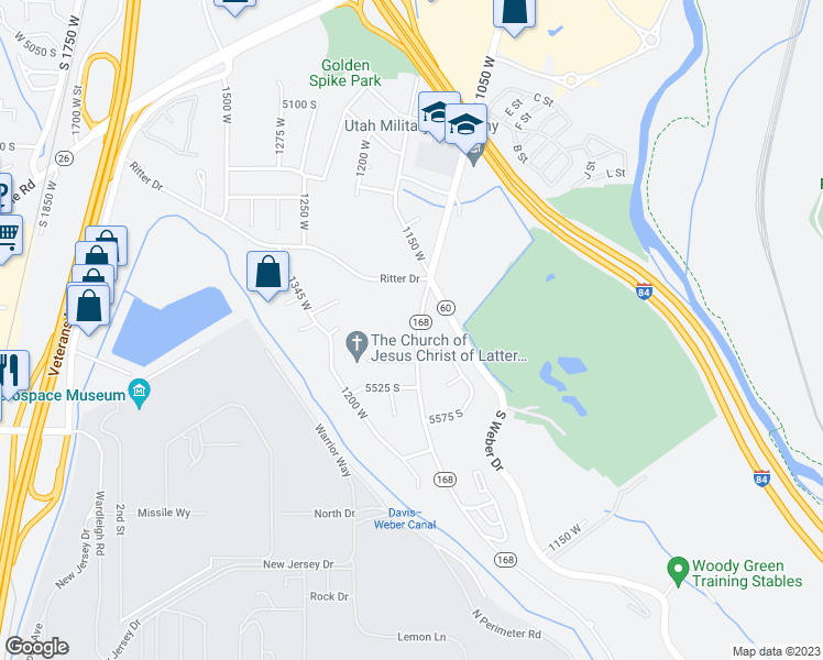 map of restaurants, bars, coffee shops, grocery stores, and more near 5413 1150 West in Riverdale